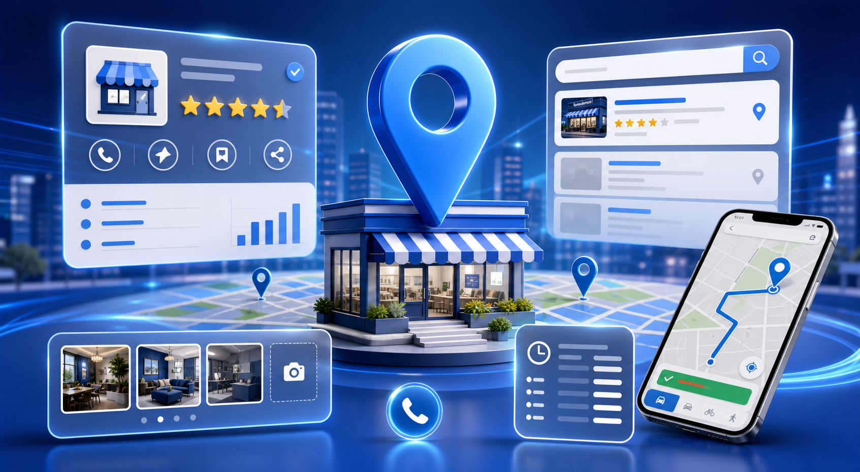 Google Business Profile and local listing visual with reviews, map pin, photo gallery, and directions