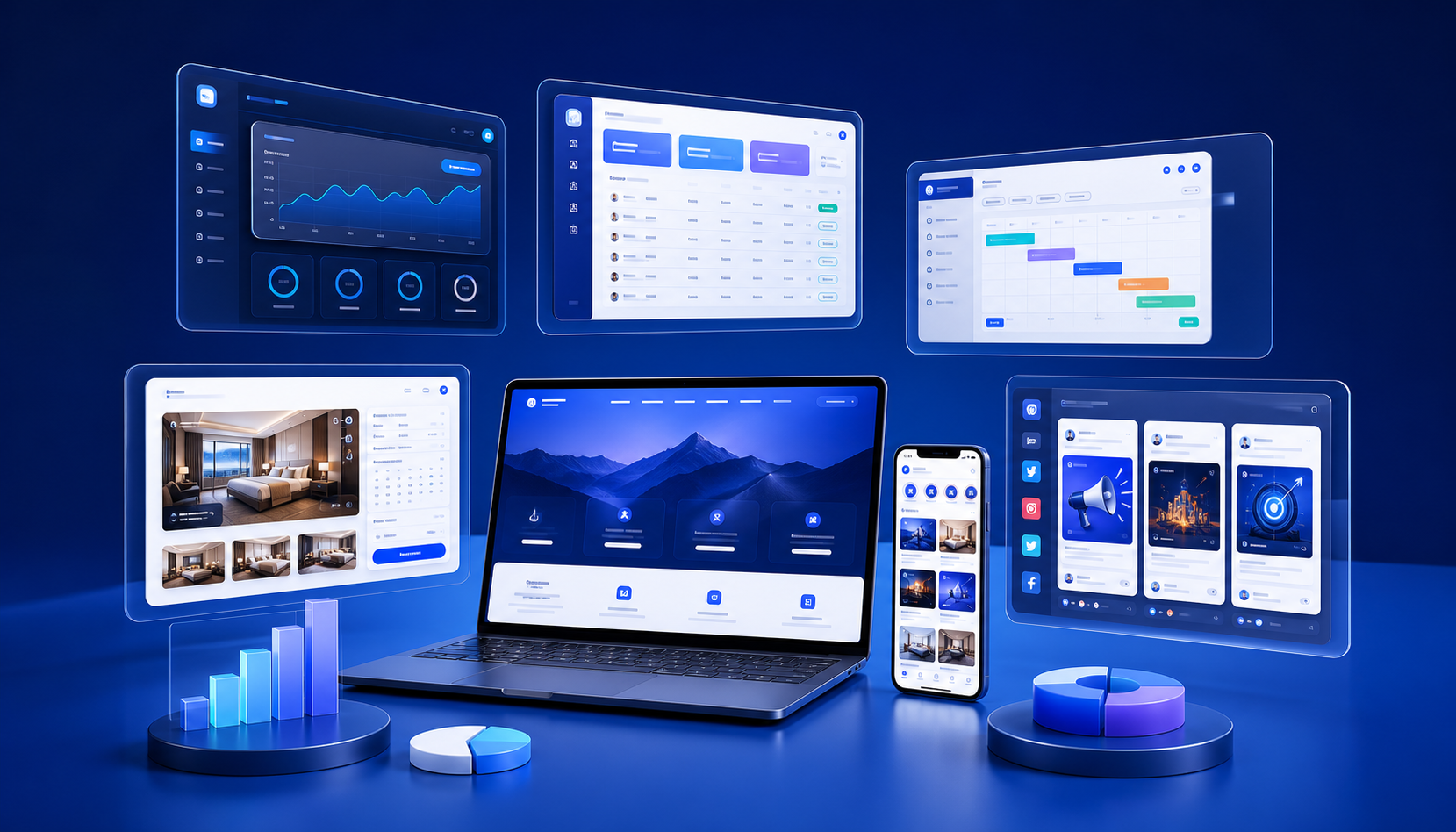 Modern WebCentrick services visual with dashboard, website, mobile, hotel booking, and social media panels